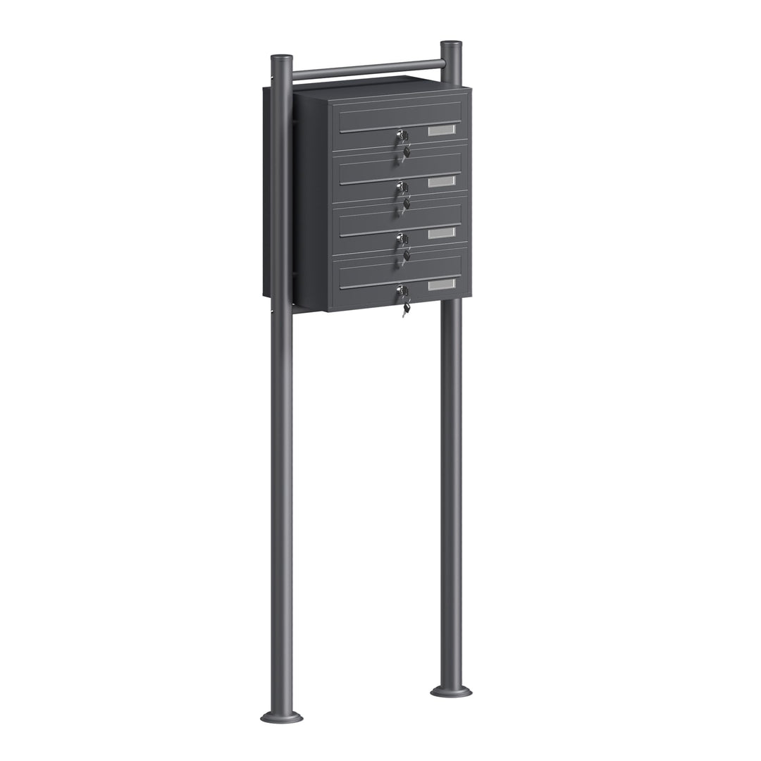Wiltec 4er Briefkastenanlage Anthrazit 270 x 513 x 1500 mm, Standbriefkasten mit 4 Fächern, Schlüsse