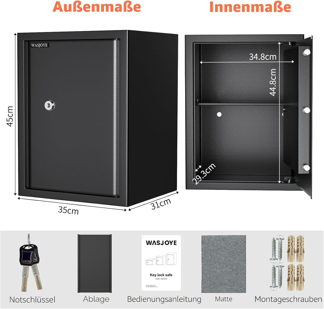 Safe Tresor mit Schlüssel, WASJOYE Möbeltresor mit Schlüssel-Schloss für Zuhause/Büro, 43L Gross Wan