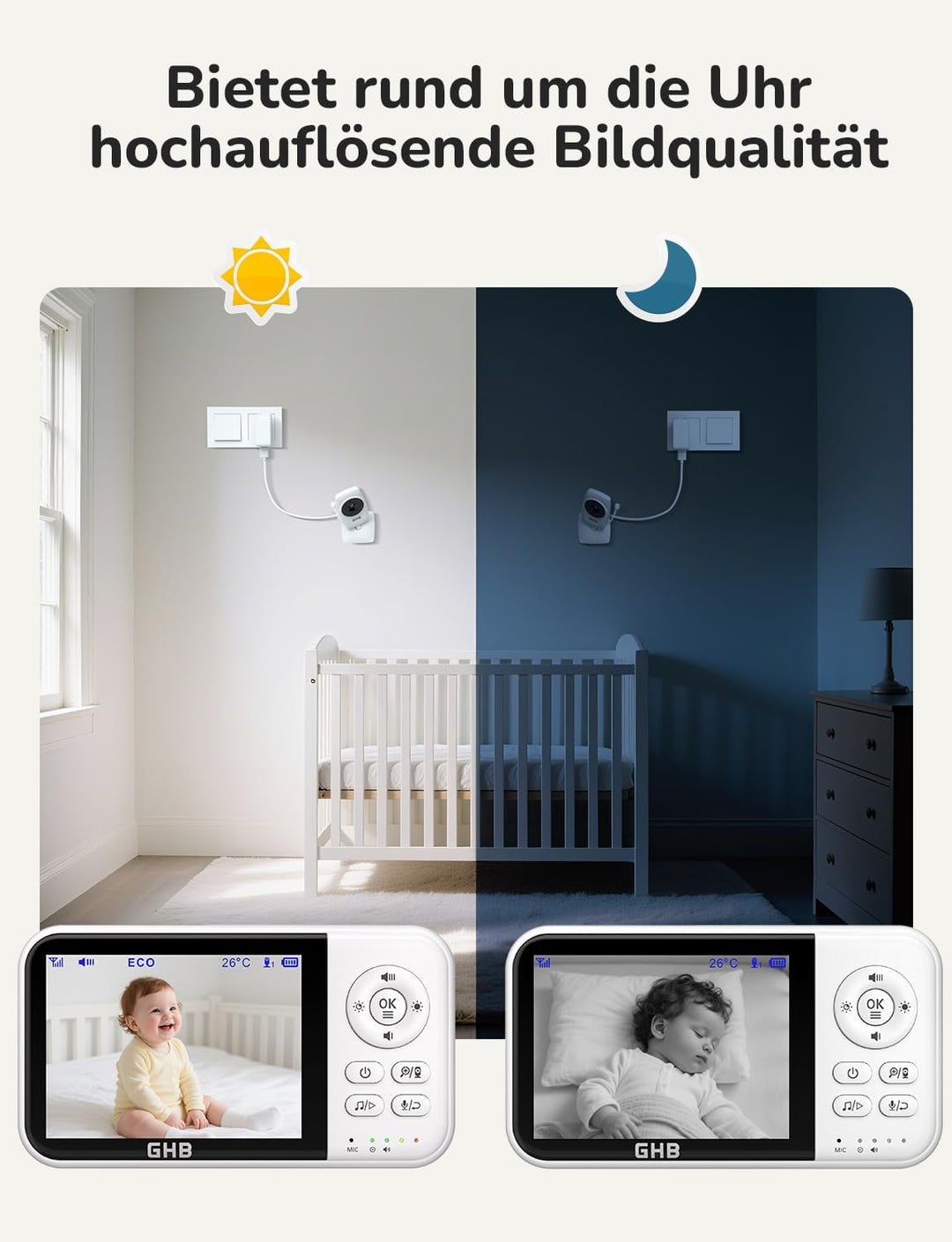 GHB Babyphone mit Kamera Baby Monitor 3,2 Zoll LCD 2100 mAh Akku 2X Zoom Temperatursensor Nachtsicht