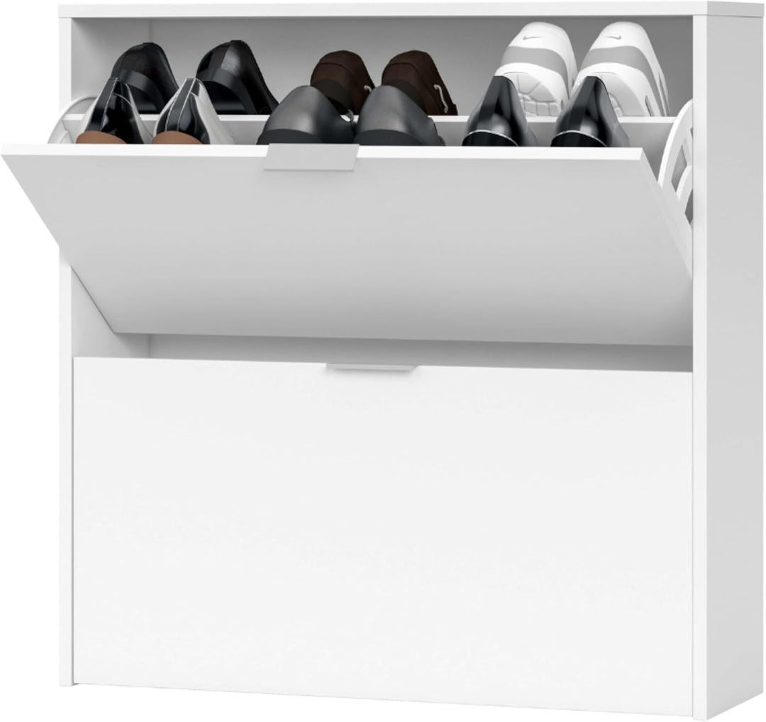 Schuhregal 2-türig, Schuhregal Schmal, Ausführung in Weiss, Masse: 75 cm (Breite) x 76 cm (Höhe) x 2