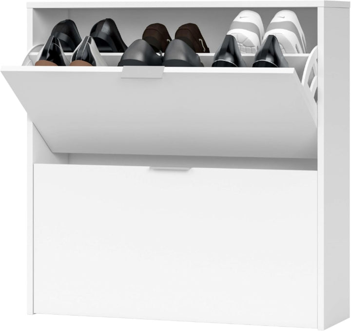 Schuhregal 2-türig, Schuhregal Schmal, Ausführung in Weiss, Masse: 75 cm (Breite) x 76 cm (Höhe) x 2