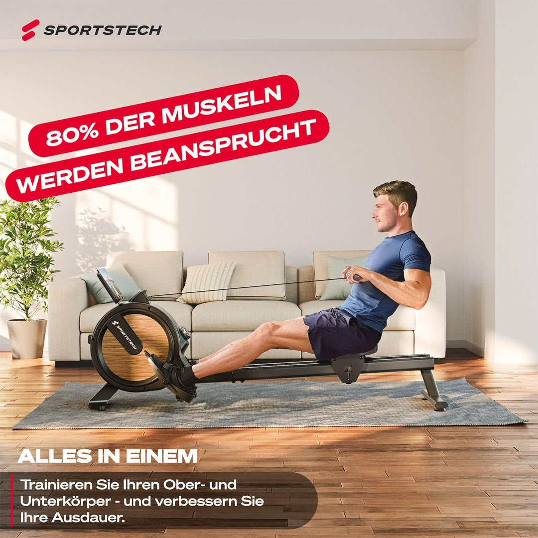 Rudergerät für Zuhause mit Wasser- oder Magnetwiderstand, LED-Display, Bluetooth App kompatibel, Dua