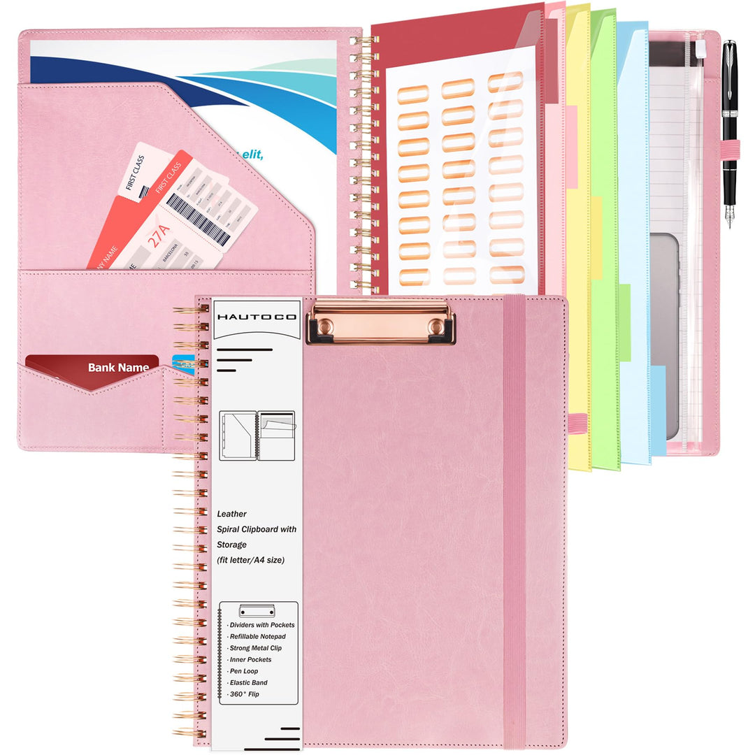 HAUTOCO PU-Leder Klemmbrett Folio mit Zip Beutel, Klemmbrettmappe A4 mit nachfüllbarem Notizblock, K