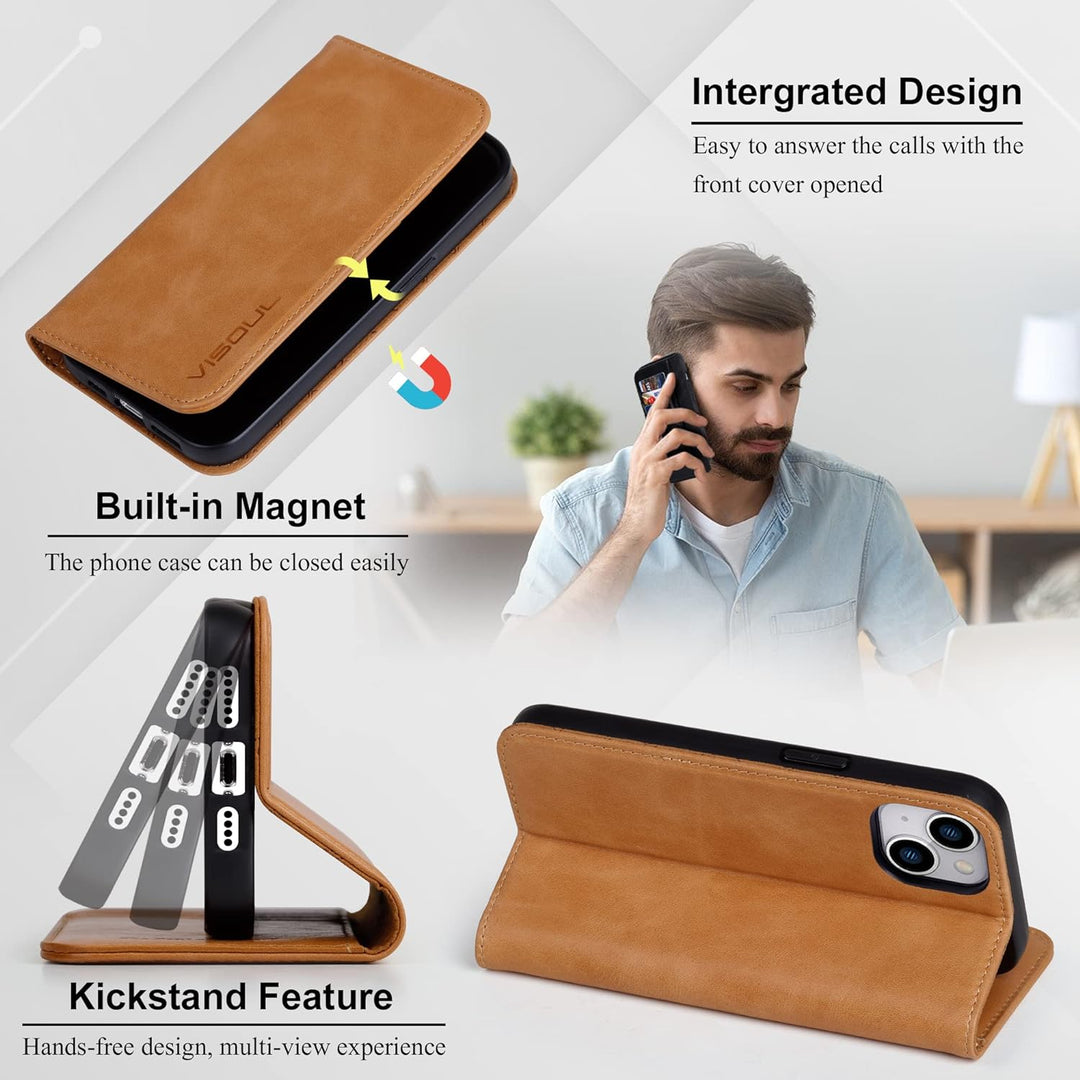 VISOUL iPhone 14 Plus Hülle, Stossfeste Handyhülle [Erstklassiges Rindsleder], TPU Schutzhülle [Kart