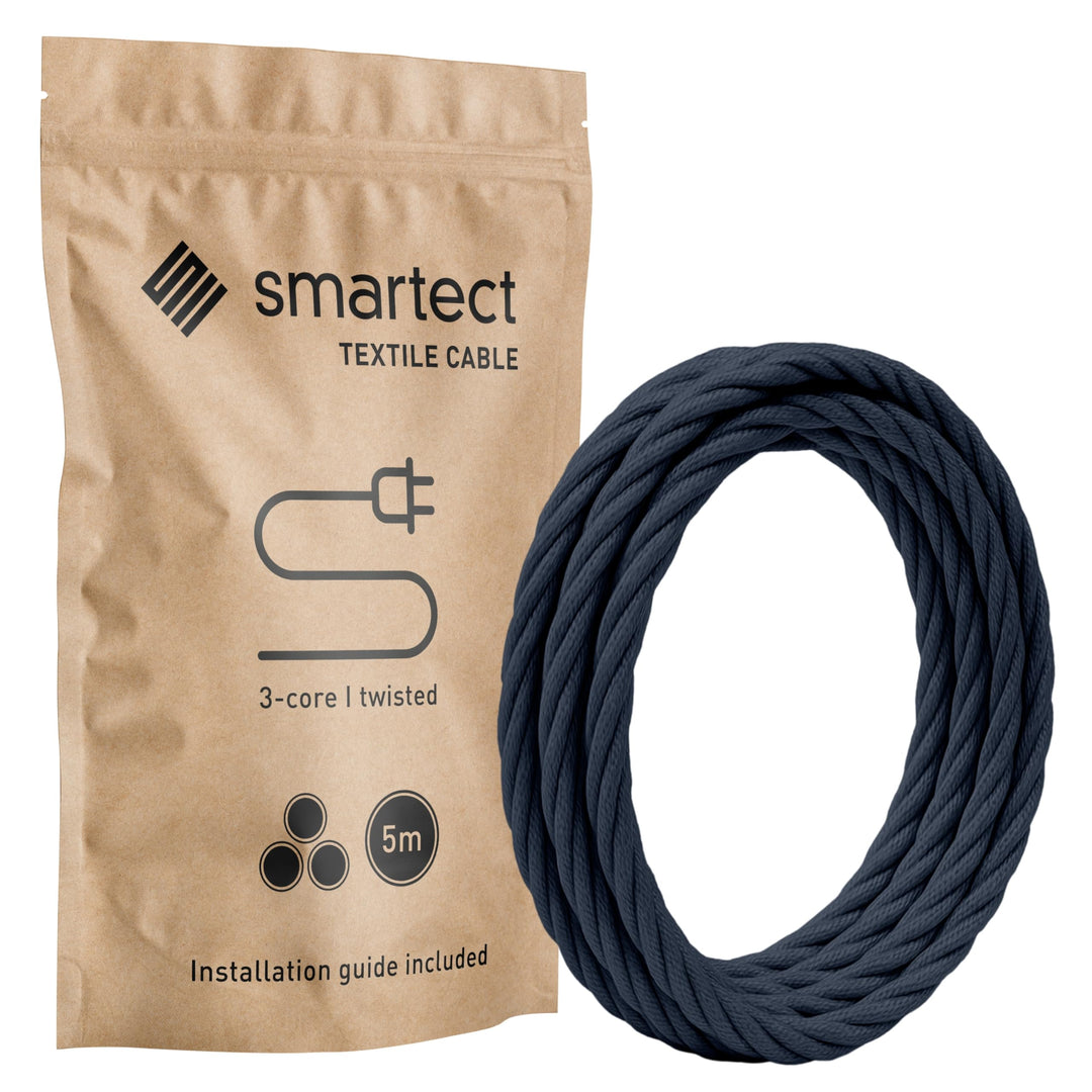 smartect Textilkabel gedreht 3-Adrig (3 x 0.75 mm²) Anthrazit, 5 Meter | Vintage Lampenkabel Stoff,