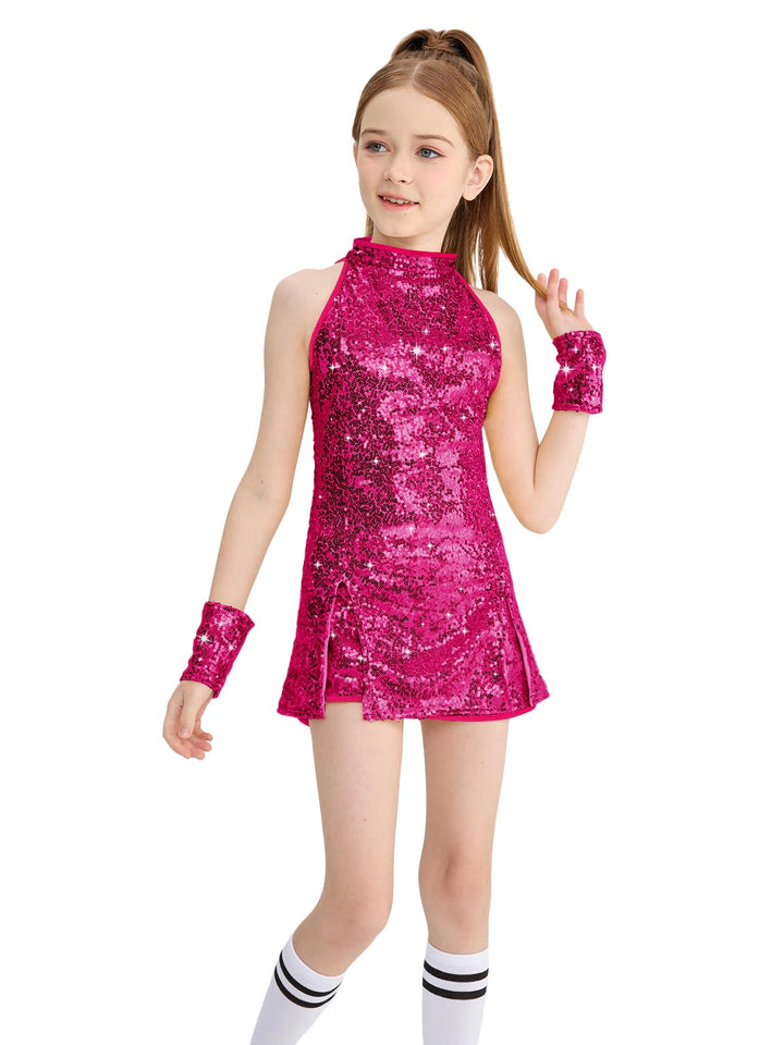 LOLANTA Mädchen Pailletten-Kostüm Hip Hop Dancewear Funkelndes Tanzkleid Gesetzt 5-6 Jahre Fuchsia,