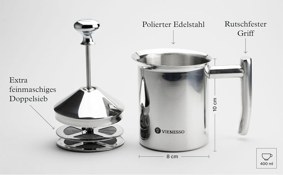 VIENESSO Hand Milchaufschäumer manuell aus Edelstahl mit Doppel-Mesh-Sieb I Milchschäumer für cremig