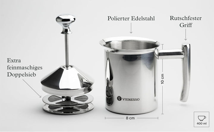 VIENESSO Hand Milchaufschäumer manuell aus Edelstahl mit Doppel-Mesh-Sieb I Milchschäumer für cremig