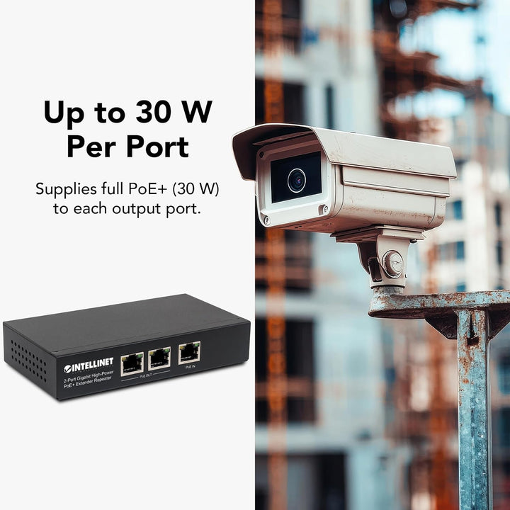 Intellinet 561266 2-Port Gigabit High-Power PoE+ Extender, 2 PSE-Ports Metall Schwarz PoE+ Extender