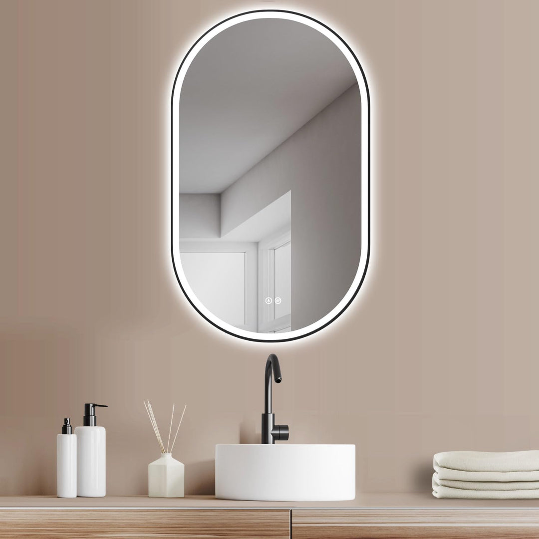 HOKO® LED Antibeschlag Badspiegel oval 45 x 75 cm. HOCH + QUER Montage. Design Badspiegel mit Licht
