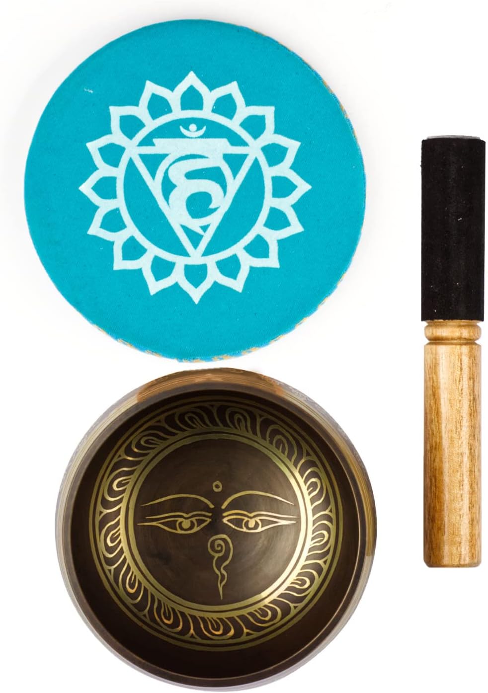 Klangschalen-Set Bauchige Klangschale 'Buddha Eye' mit Lederklöppel und Kissen