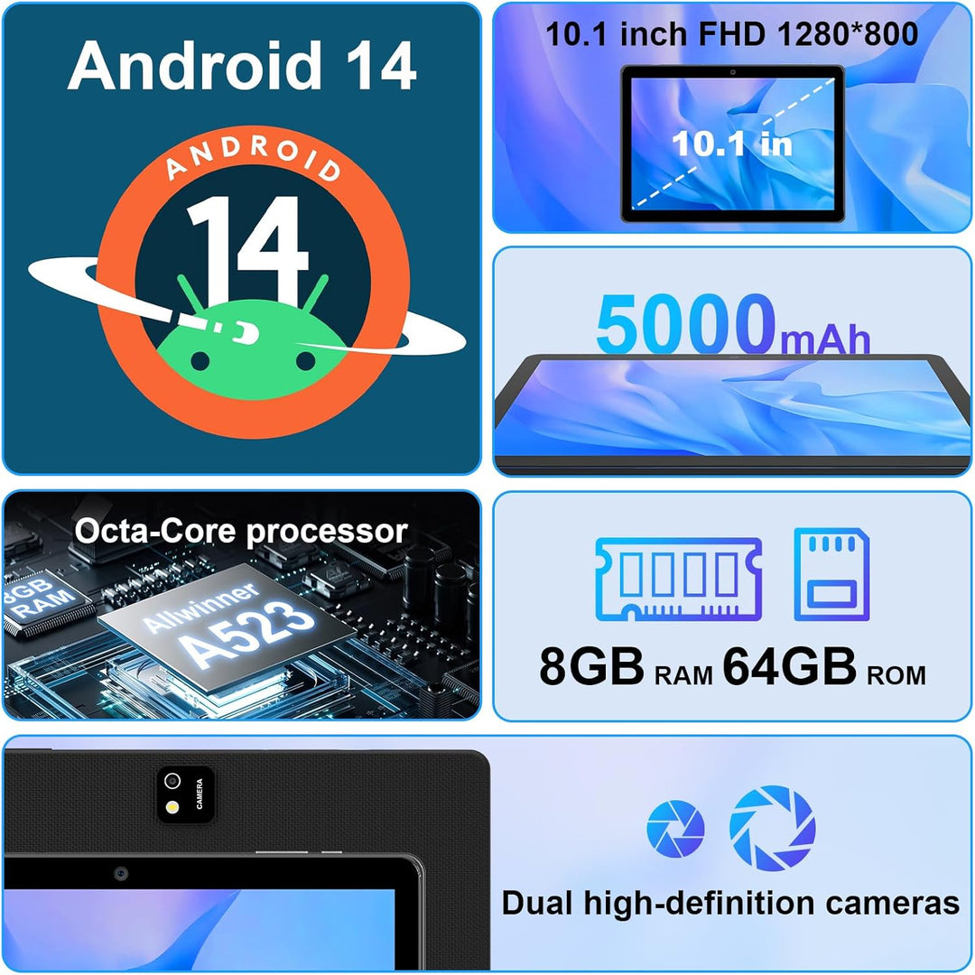 AWOW Tablet 10 Zoll Android 14 Octa-Core 8GB+64GB (1TB TF erweiterbar) – WiFi 6, Bluetooth 5.0, 5000