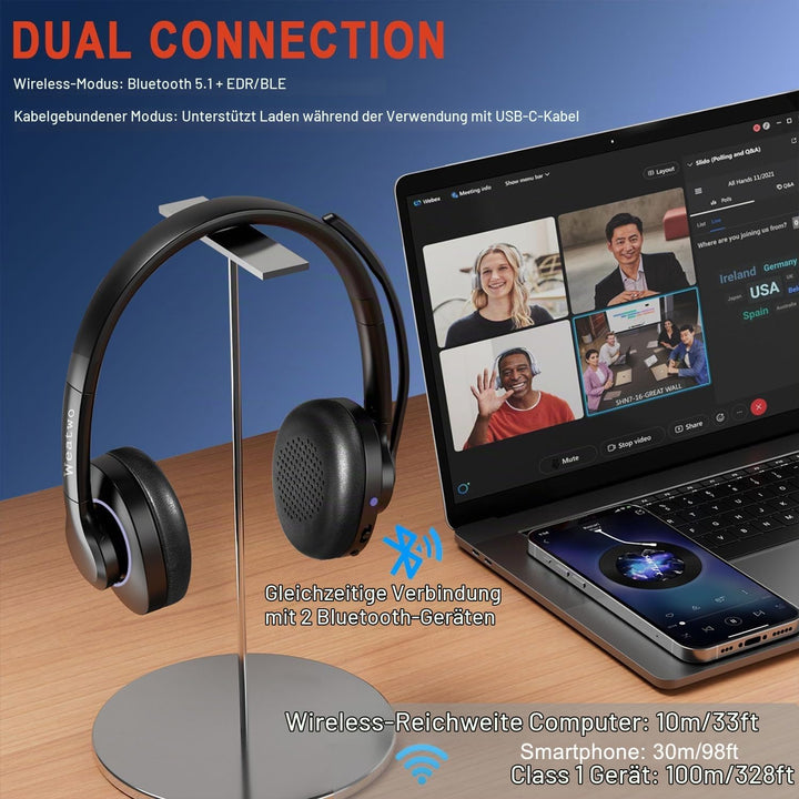 Bluetooth Headset V5.1 Klasse 1, Wireless Headset mit CVC8.0 Dual Mikrofon Noise Cancelling Headset