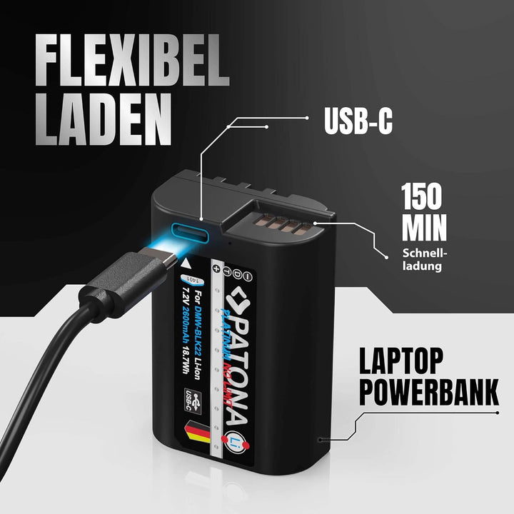 PATONA Platinum DMW BLK22 E USB Akku (2600mAh) mit direktem USB-C Eingang (1401) Lumix DC-S5 DC-S5D
