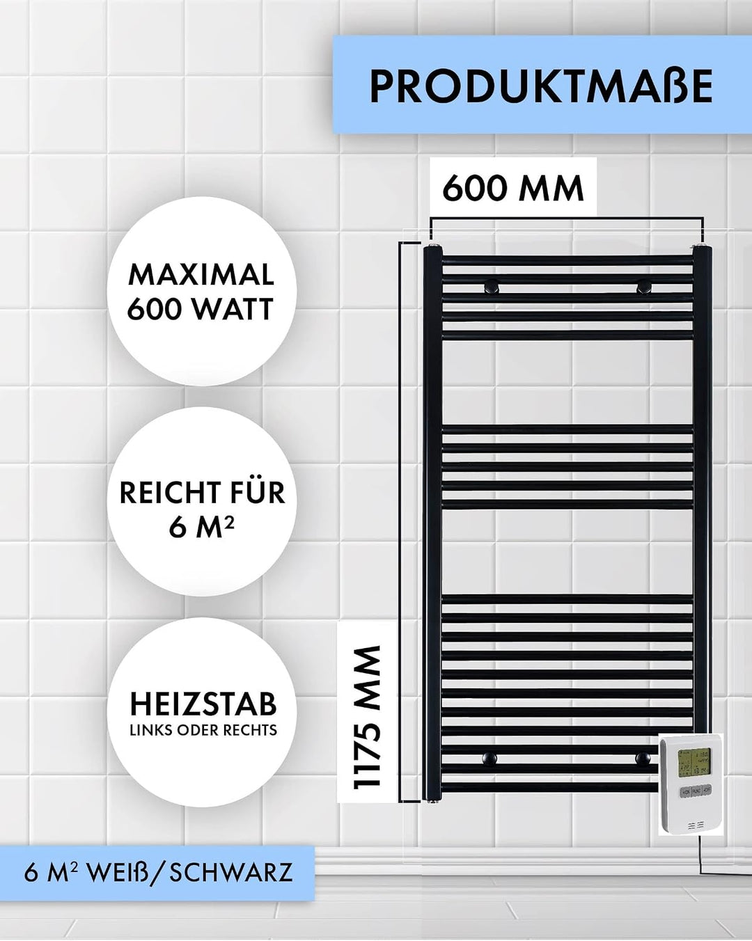 anapont elektrischer Badheizkörper - 1175x600 schwarz - Fernbedienung mit Timer-Funktion - Handtuchh