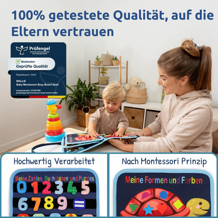 Mallie® Busy Board Deutsch inkl. Gratis Reisetasche & Montessori Buch und Perfekt für Reisen im Auto