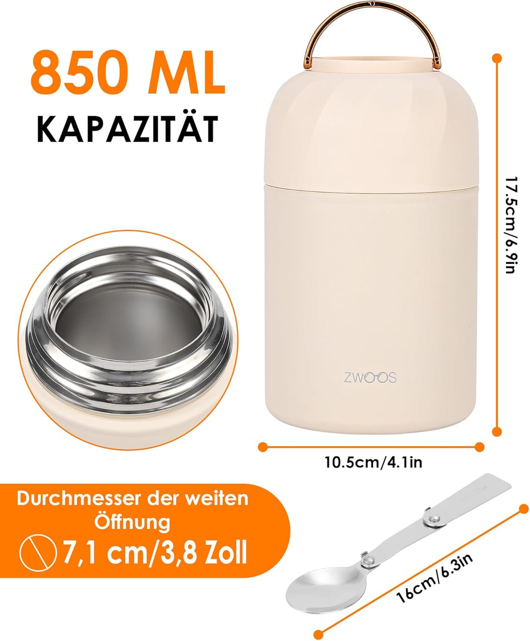 ZWOOS Thermoskanne für Lebensmittel, 850 ml, Edelstahl, isoliert, mit Griff, isolierte Lebensmittelb