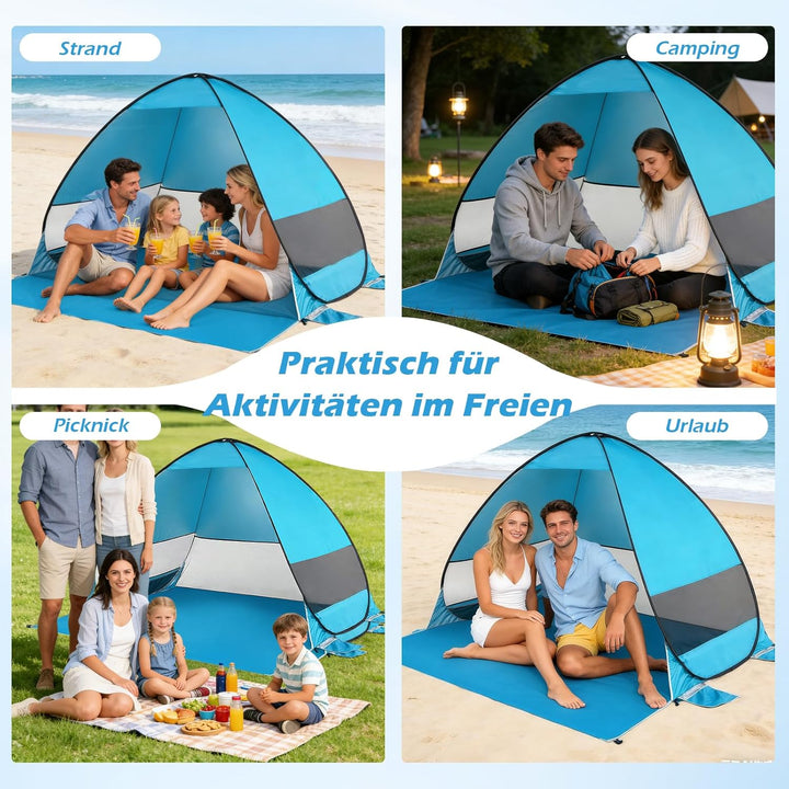 W&amp;H Strandmuschel Pop Up,UV Schutz 50+,Strandzelt für 2-3 Personen inkl. Tragetasche und Heringe,200