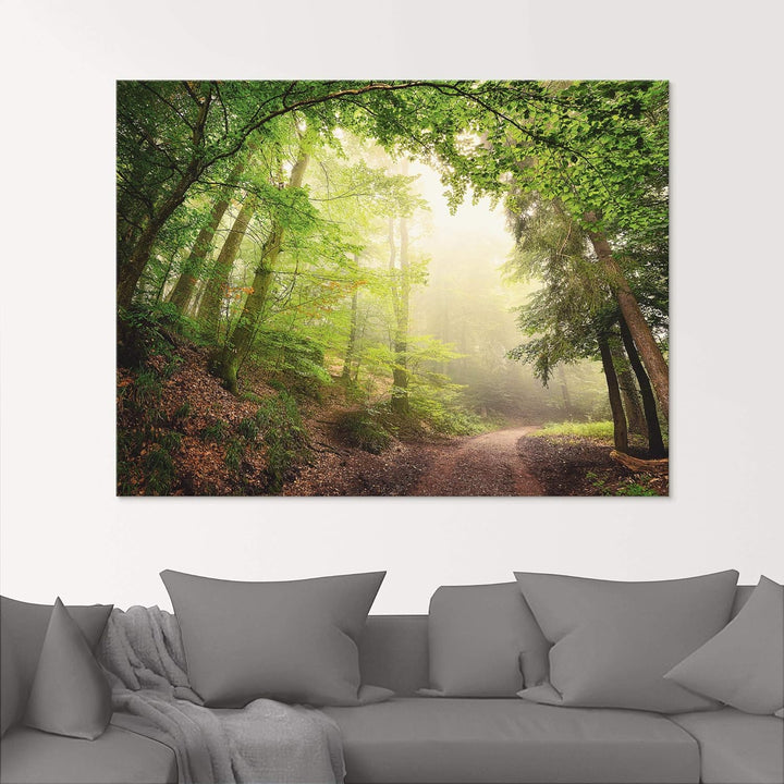 Glasbilder Wandbild Glas Bild einteilig 80x60 cm Querformat Wald Baum Natur Landschaft Nebel Sonne S