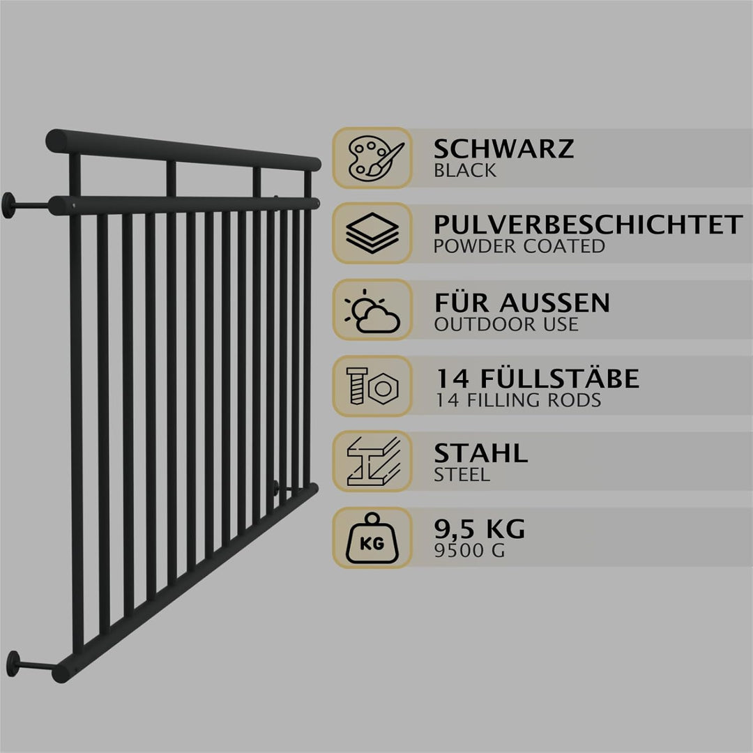 HAGO24 | Französischer Balkon | Fenstergitter | Stahlgeländer | 184x90cm Schwarz | Stabgeländer | Ju