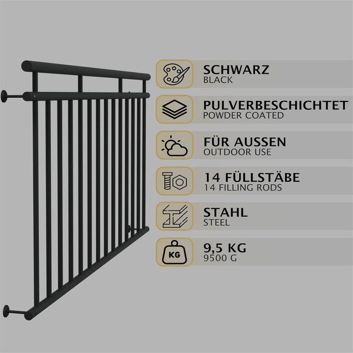 HAGO24 | Französischer Balkon | Fenstergitter | Stahlgeländer | 184x90cm Schwarz | Stabgeländer | Ju