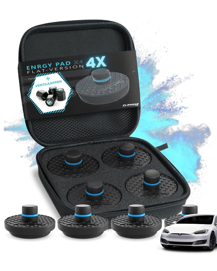 PLANGER® Tesla Wagenheber Beläge - 4X ENRGY PAD flach + 4 VENTILKAPPEN (Model 3 - Model S - Model Y