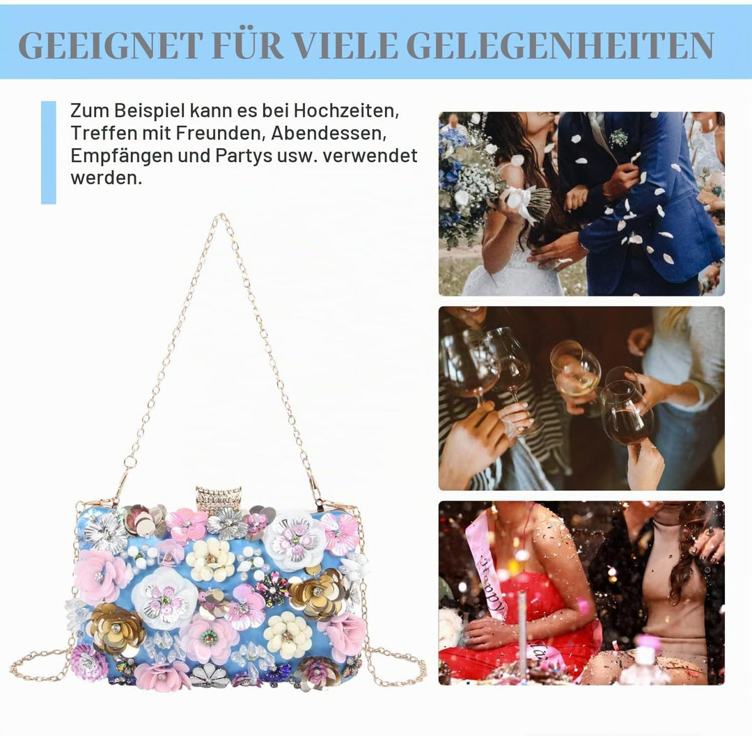 Fecialy Blumen-Clutch-Abendtaschen für Damen mit bunten Blumen-Metall-Strasssteinen Abend-Clutch-Gel