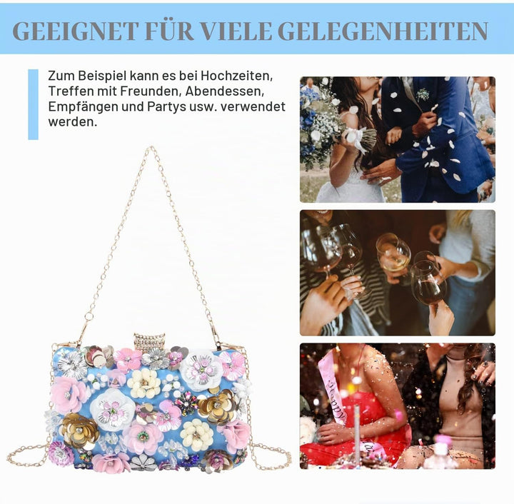 Fecialy Blumen-Clutch-Abendtaschen für Damen mit bunten Blumen-Metall-Strasssteinen Abend-Clutch-Gel