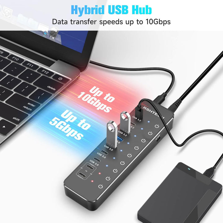 RSHTECH 10 Ports USB C Hub mit Netzteil - 3 USB 3.2 Gen 2 (2 Type C*1 Type A), 4 USB 3.0 (2 Typ C*2