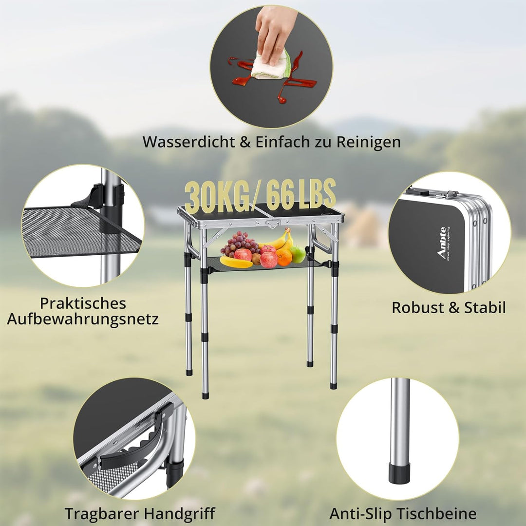 Anbte Campingtisch Klapptisch Aluminium Falttisch 3 Höhen Verstellbarer Camping Tisch mit Aufbewahru
