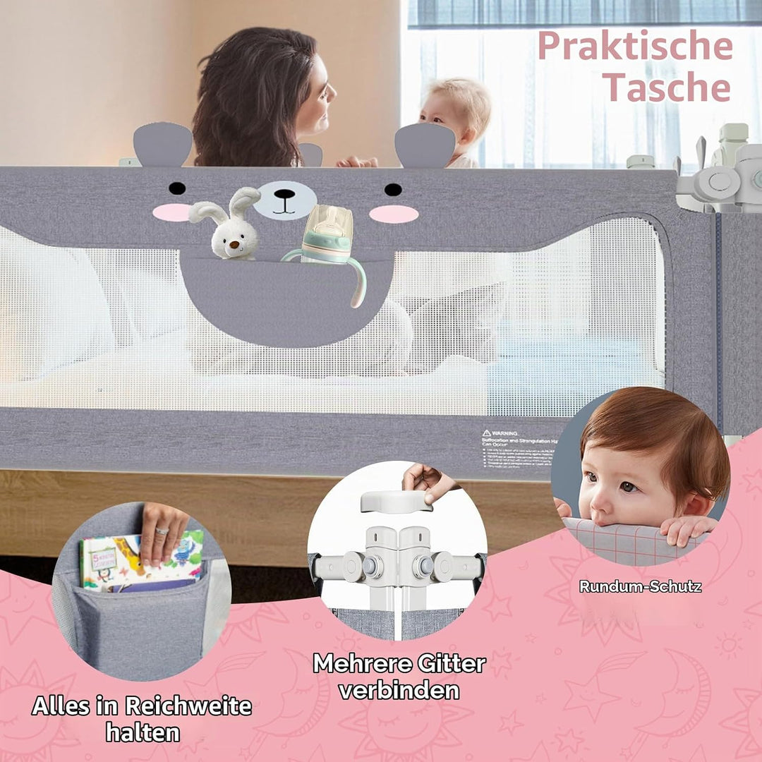 Bettgitter Kinder 200cm mit Bärenmotiv, Höhenverstellbarer Rausfallschutz Bett, Bettschutzgitter für