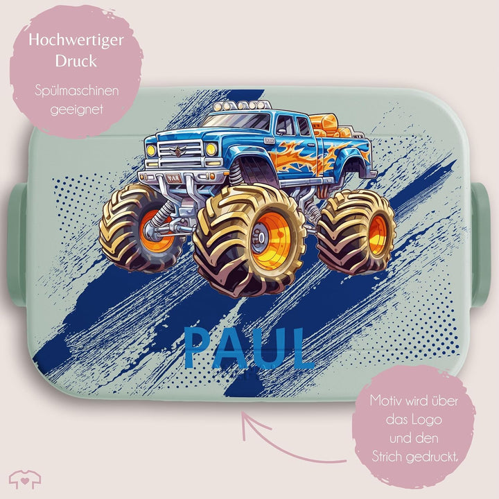 Kinder Bento Box Midi für Mepal Bentobox - Auto - Lunchbox Monstertruck mit Name Brotbox Monster Tru