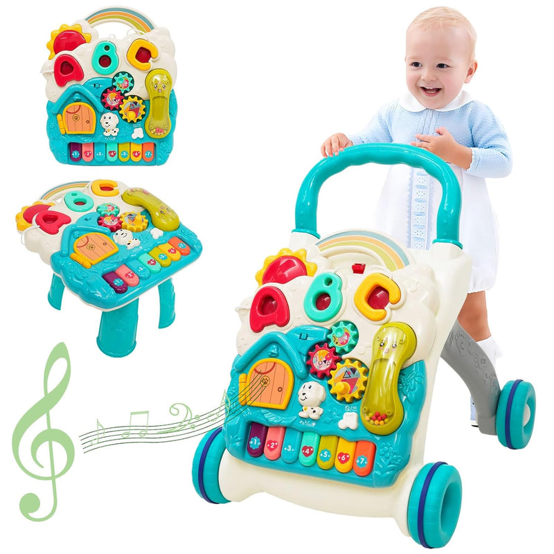 Lernlaufhilfe für Kleinkinder Blauer Kinderlaufwagen mit Rollen, Musik und Lichtern Multifunktionale