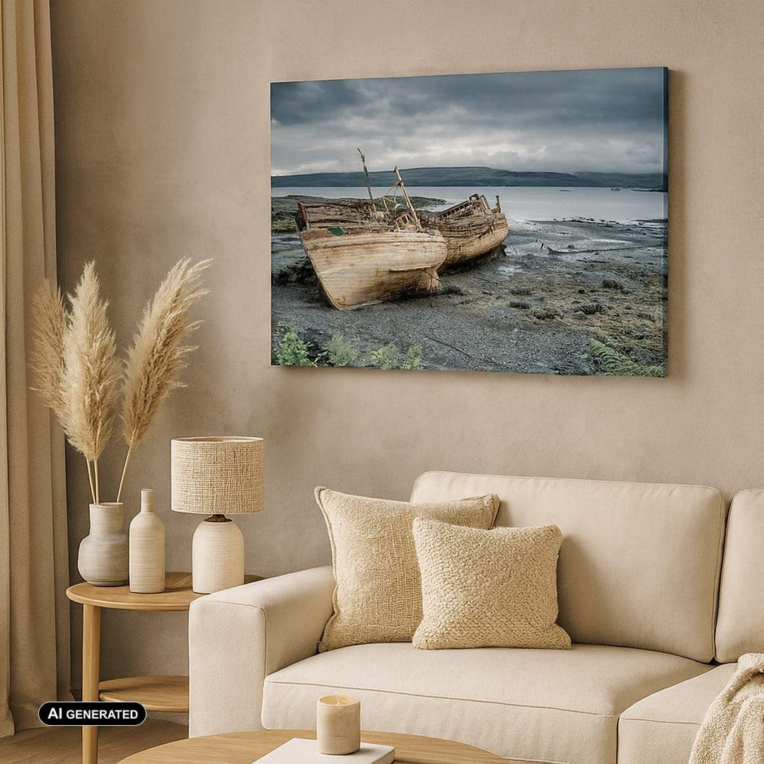 Bilder auf Leinwand Boot Wrack Ufer Leinwandbild mit Rahmen 70x50cm Wandbilder Dekoration Wohnzimmer