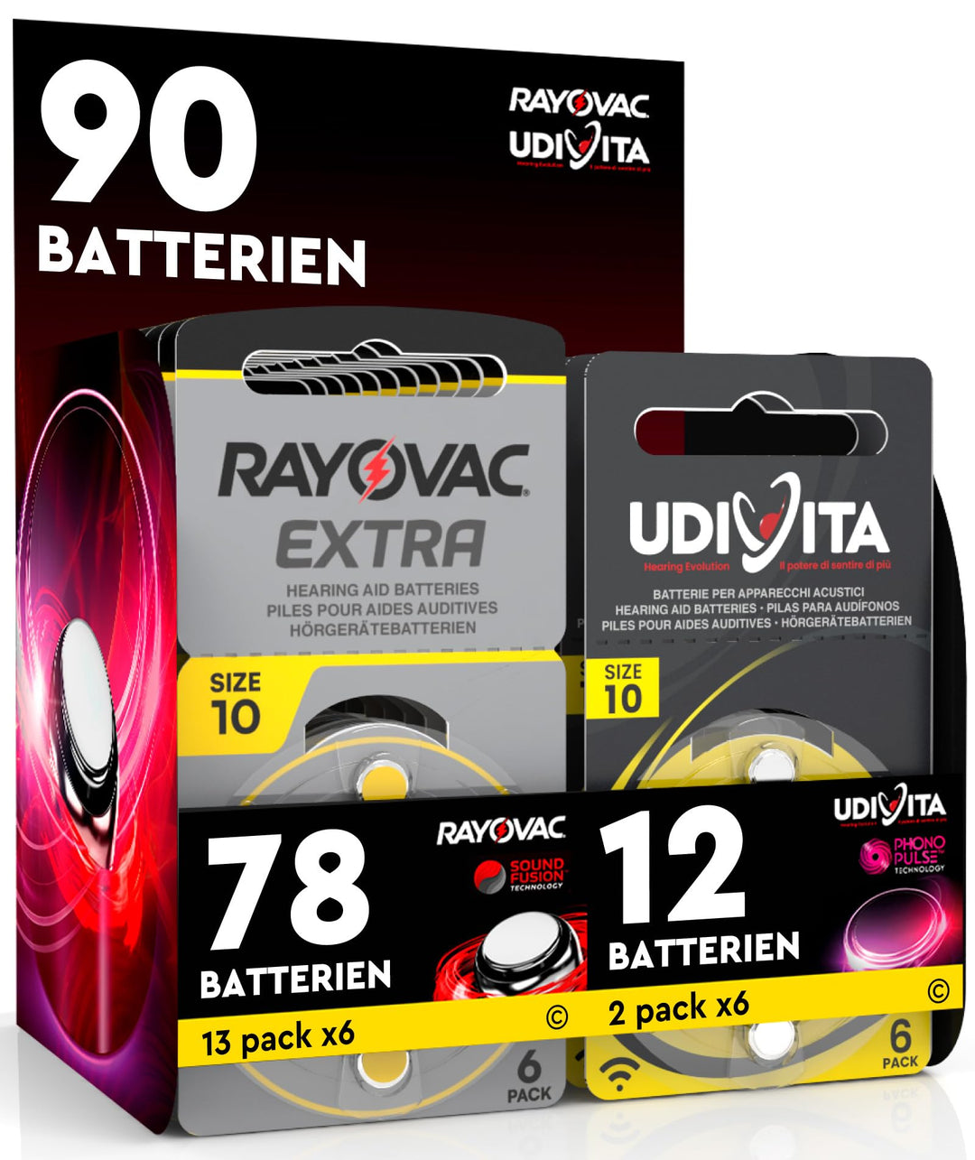 90 Batterien für Hörgeräte Rayovac Extra Advanced 10. 90 Batterien: 78 Rayovac + 12 Udivita
