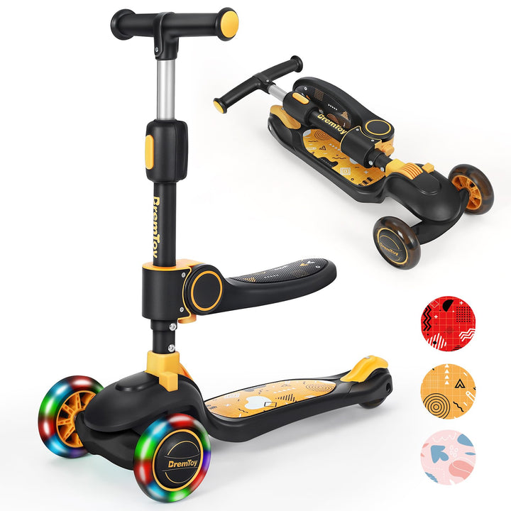 BremToy Kinderroller mit Sitz, Tretroller mit LED Rädern, Kinder Scooter mit Höhenverstellbarem Lenk