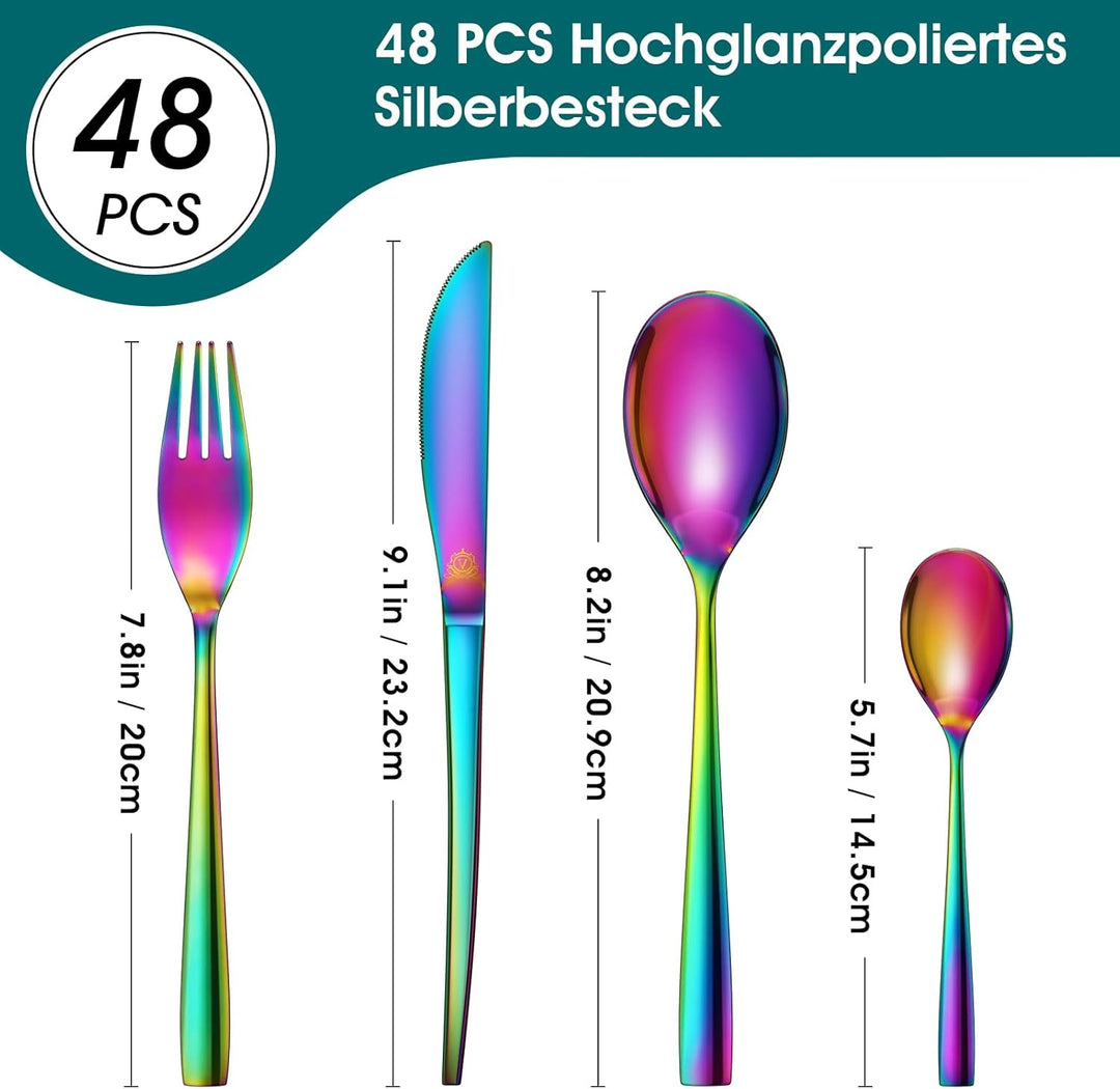vancasso Besteckset 48-teilig aus Edelstahl, Regenbogen, Tafelbesteck, quadratisches Besteckset für