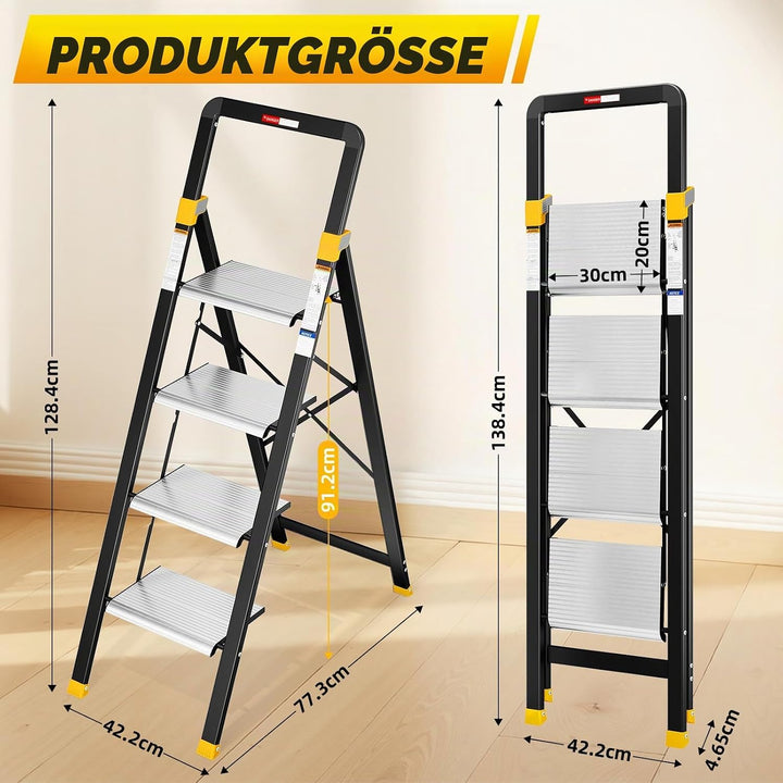 KINGRACK Trittleiter 4 Stufen Klappbar Aluminium, Klappleiter mit Handlauf, Haushaltsleiter Anti-Rut