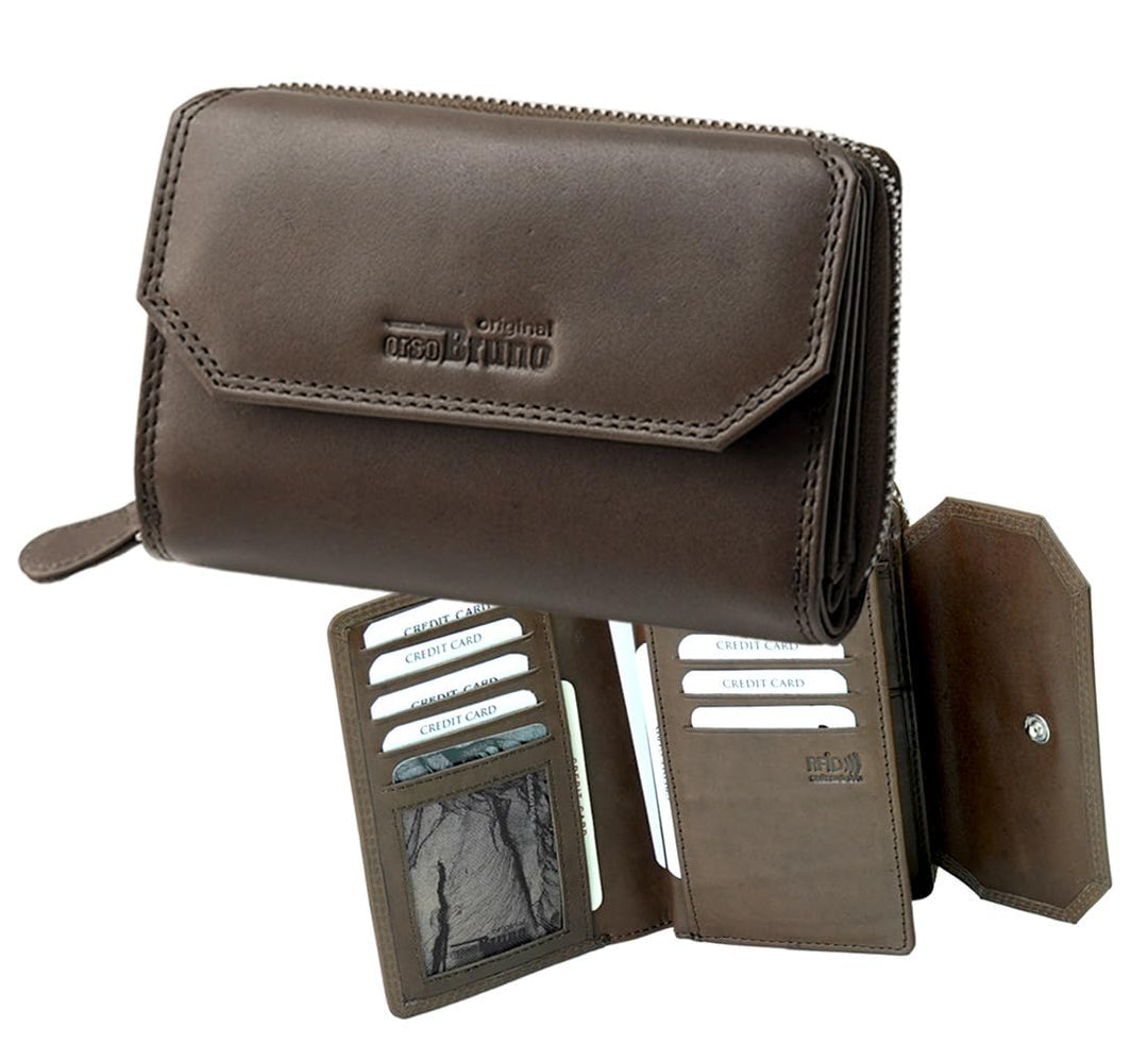 orso Bruno original Damen Geldbörse braun gross Leder Geldbeutel mittelgross braun Damengeldbörse vi