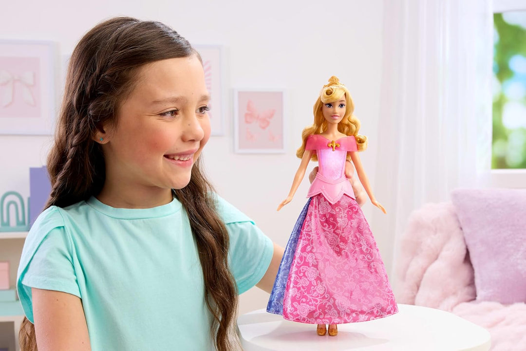 Mattel Disney Princess Aurora-Modepuppe mit leuchtendem Oberteil und Kleid mit Farbwechsel von rosa