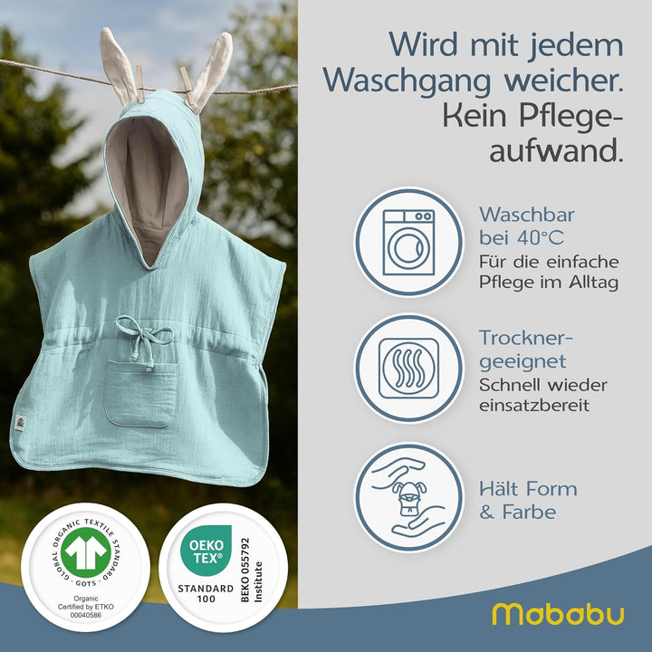 Mababu Badeponcho Baby & Kinder EXTRA weich (100% Bio-Baumwolle) | Kinder Badeponcho 1-7 Jahre| Hand