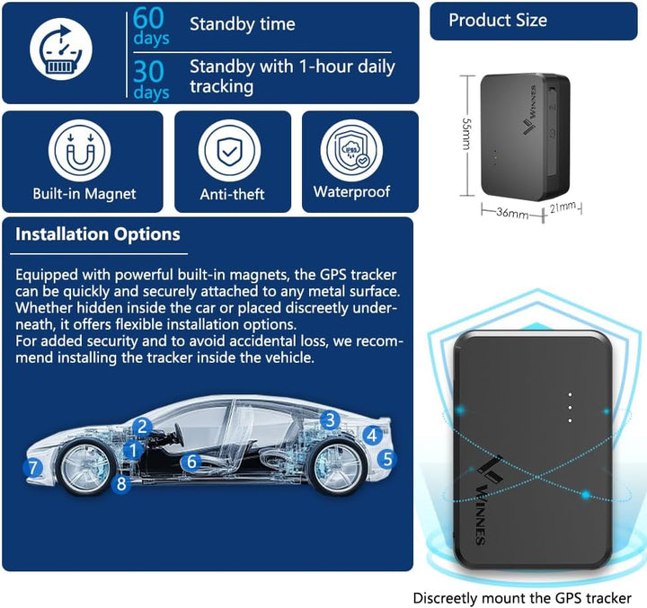 TKMARS Klein 4G Auto GPS, integrierte SIM-Karte(ABO erforderlich), 60 Tage Lange Akkulaufzeit, Magne