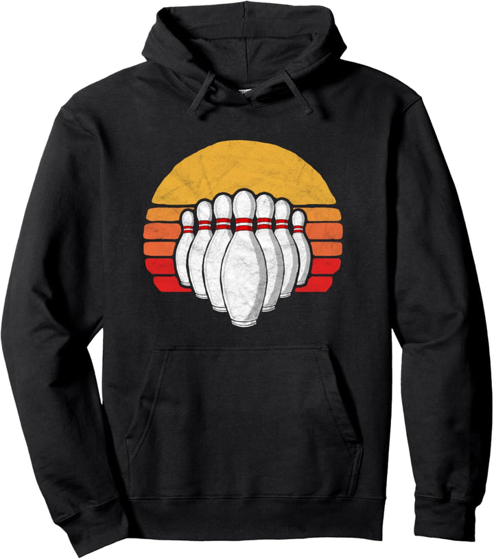 Vintage Bowling Ten Pins & 80's Sun Retro Graphic Pullover Hoodie