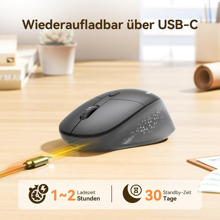 TECKNET Bluetooth Kabellose Maus Silent Tri-Mode 2.4G Wiederaufladbar | 3 einstellbare DPI, ergonomi