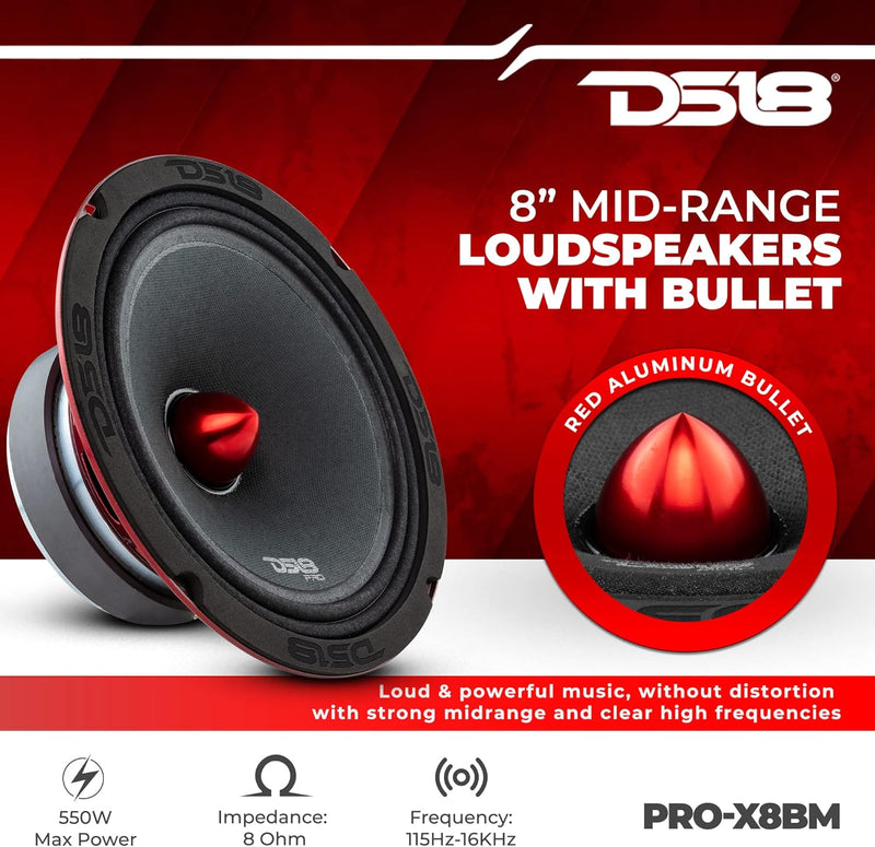 DS18 PRO-X8BM Auto-Mitteltöner, 20,3 cm, 600 W, 8 Ohm, Bass-Lautsprecher 8 Ohm 20,3 cm, 8 Ohm 20,3 c