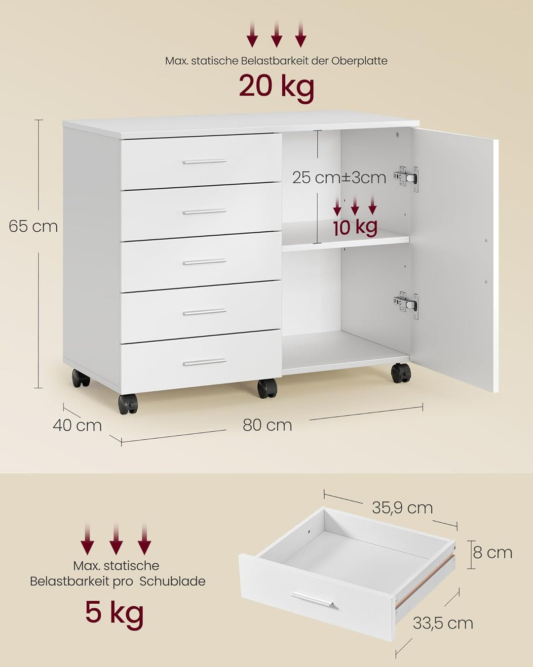 VASAGLE Rollcontainer, mobiler Aktenschrank, Schubladenschrank, Schrank mit Tür, Druckerständer mit
