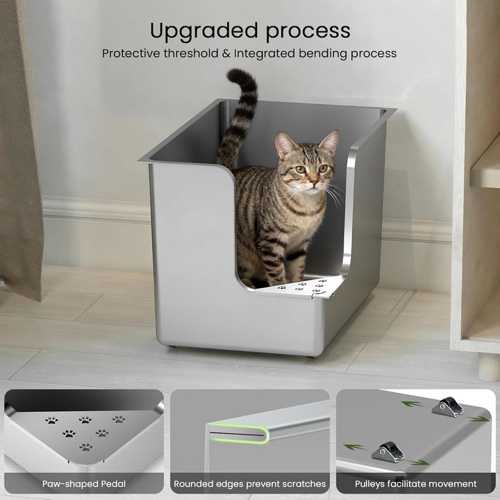 PTLOM Lebensmittelechtes Katzenklo Edelstahl XXL Katzentoilette 30CM hohe Seiten,Ecköffnung, mit Räd
