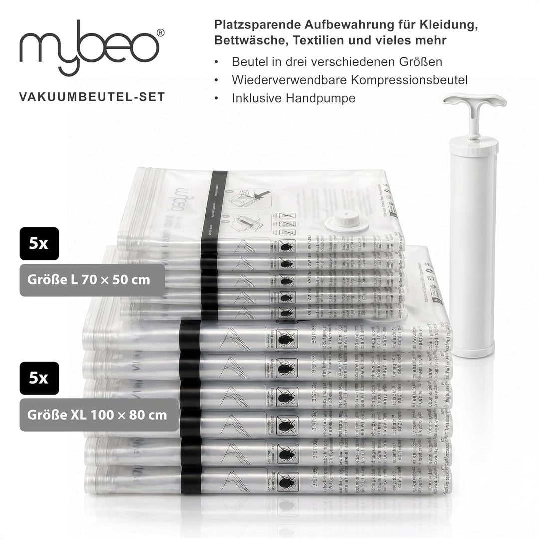 Mybeo – Vakuumbeutel – Set aus 10 Beuteln – 2 verschiedene Grössen XL L – Kompressionsbeutel mit Pum