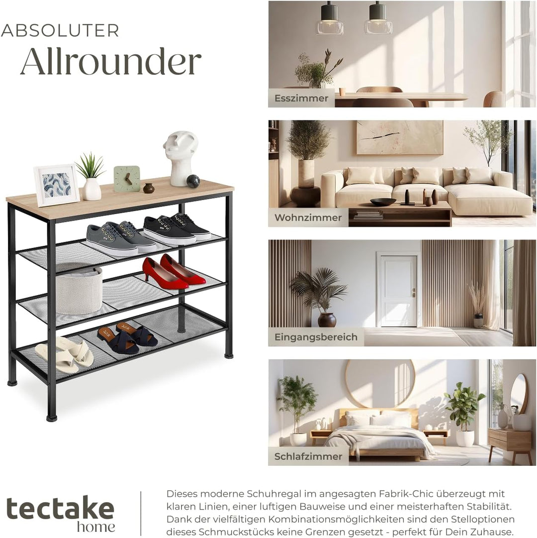 tectake® Schuhregal schmal mit Sitzfläche, Schuhbank 4 Ebenen, 3 Gitterablagen, Schuhregal platzspar