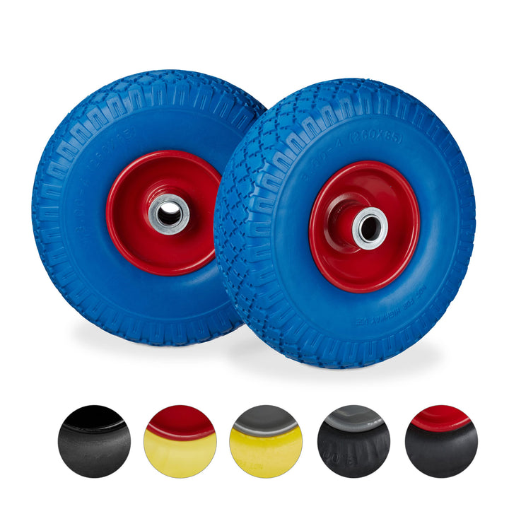 Relaxdays, blau-rot 2X Sackkarrenrad, pannensichere Vollgummireifen, 3.00-4" Stahlfelge, 20 mm Achse